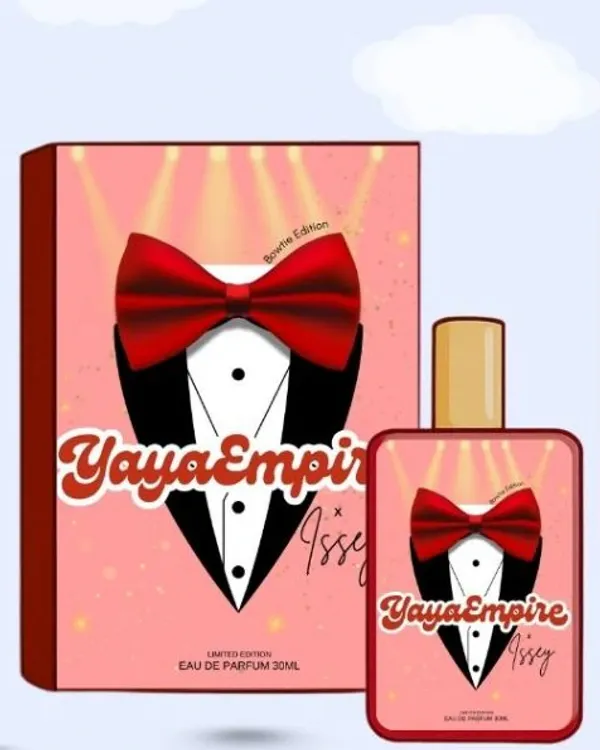 Kotak dan botol perfume Yaya Empire x Issey Bowtie Edition bertema tali leher kupu-kupu merah