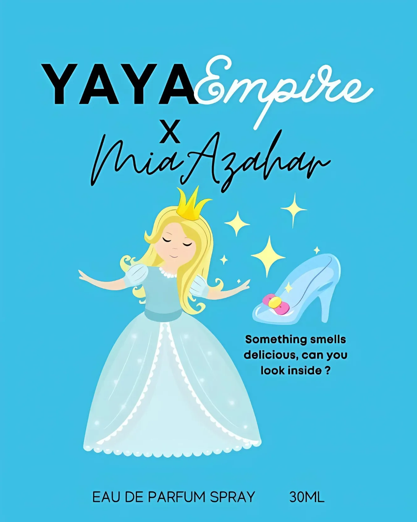 Kotak perfume Yaya Empire x Mia Azahar Dino Blue berwarna biru dengan ilustrasi puteri dan kasut kaca