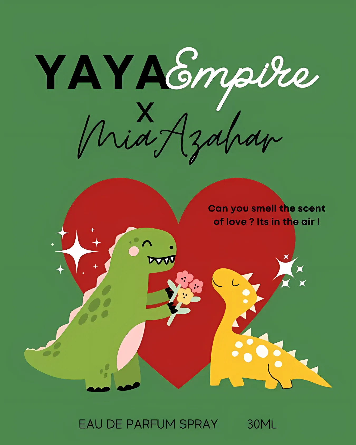 Kotak perfume Yaya Empire x Mia Azahar Dino Green berwarna hijau dengan ilustrasi dua dinosaur dan hati merah