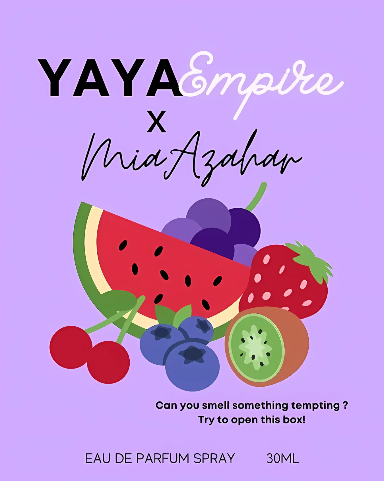 Kotak perfume Yaya Empire x Mia Azahar Dino Purple berwarna ungu dengan ilustrasi tembikai, anggur dan strawberi