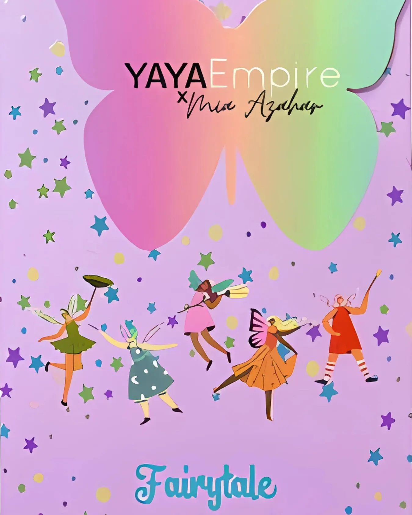 Kotak perfume Yaya Empire x Mia Azahar Fairytale berwarna ungu dengan ilustrasi rama-rama dan pari-pari