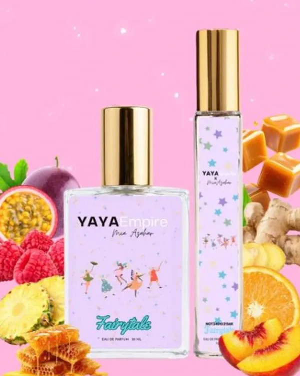 Dua botol perfume Yaya Empire x Mia Azahar Fairytale berlabel ilustrasi pari-pari