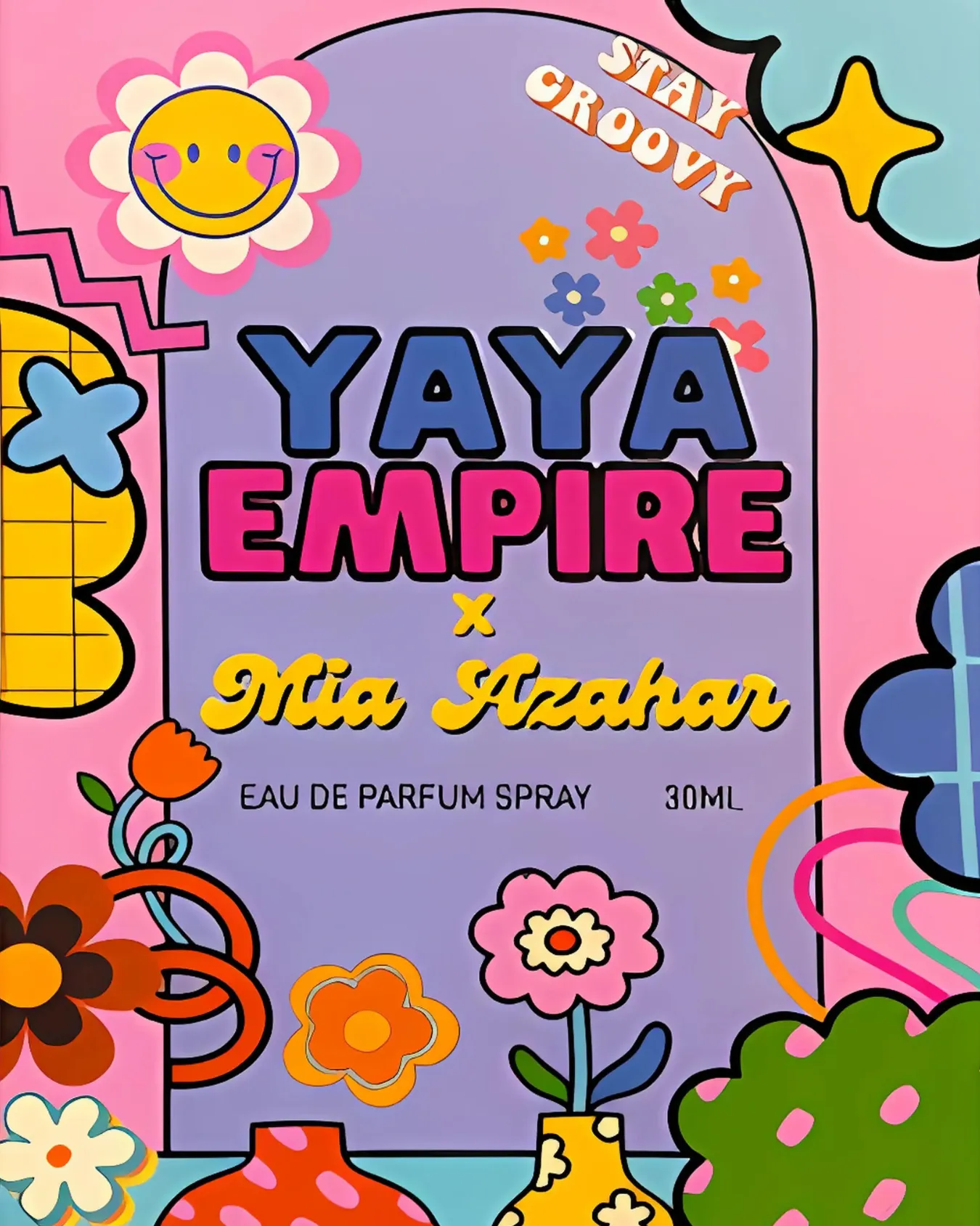 Kotak perfume Yaya Empire x Mia Azahar Groovy dengan ilustrasi bunga retro berwarna-warni