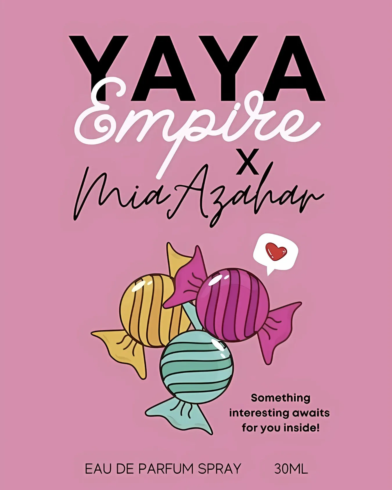 Kotak perfume Yaya Empire x Mia Azahar Pink Candy berwarna merah jambu dengan ilustrasi gula-gula