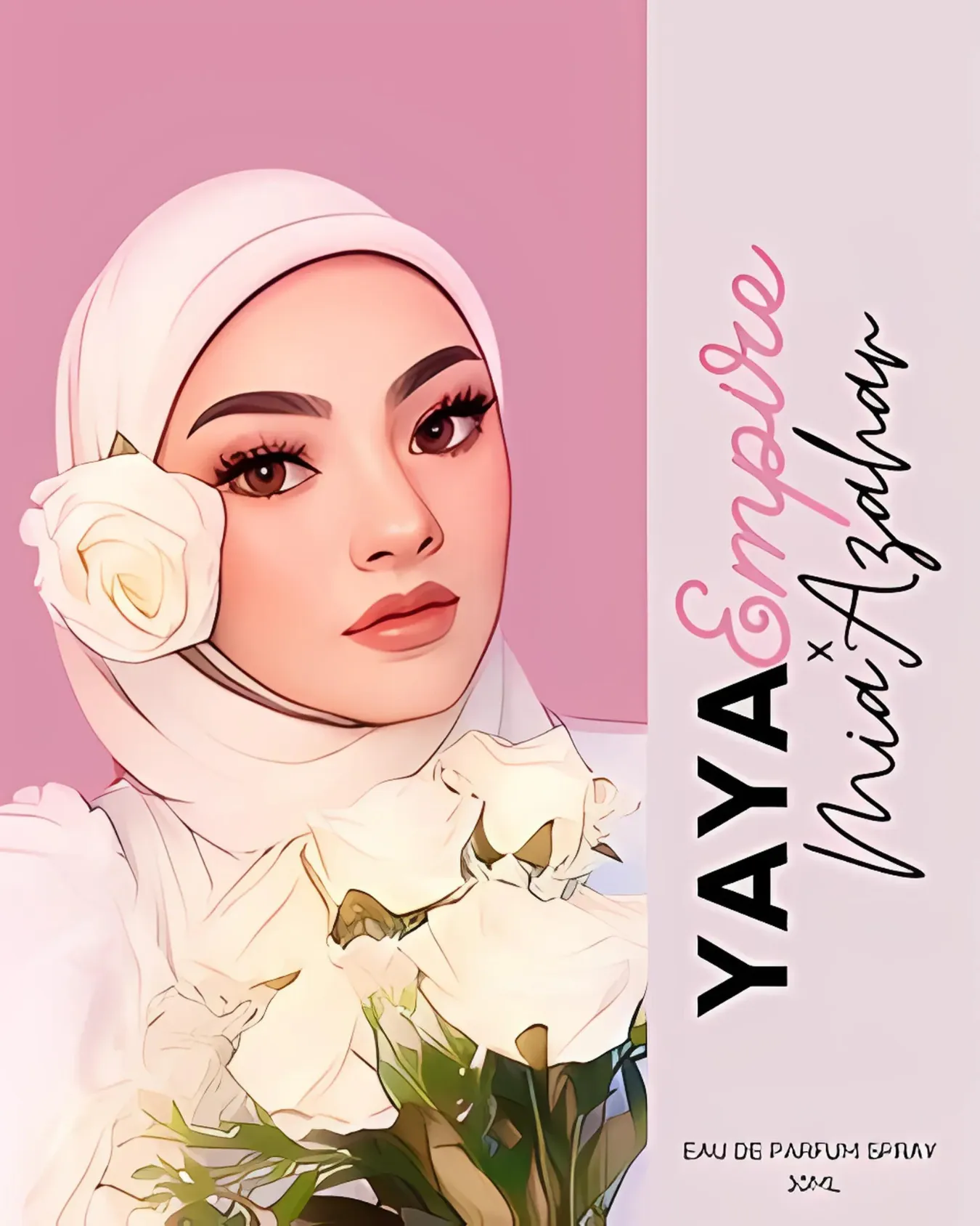 Kotak perfume Yaya Empire x Mia Azahar Rosalinda Raya Edition dengan ilustrasi wanita bertudung memegang bunga mawar putih
