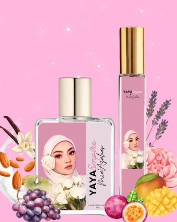 Dua botol perfume Yaya Empire x Mia Azahar Rosalinda Raya Edition berlabel ilustrasi wanita bertudung