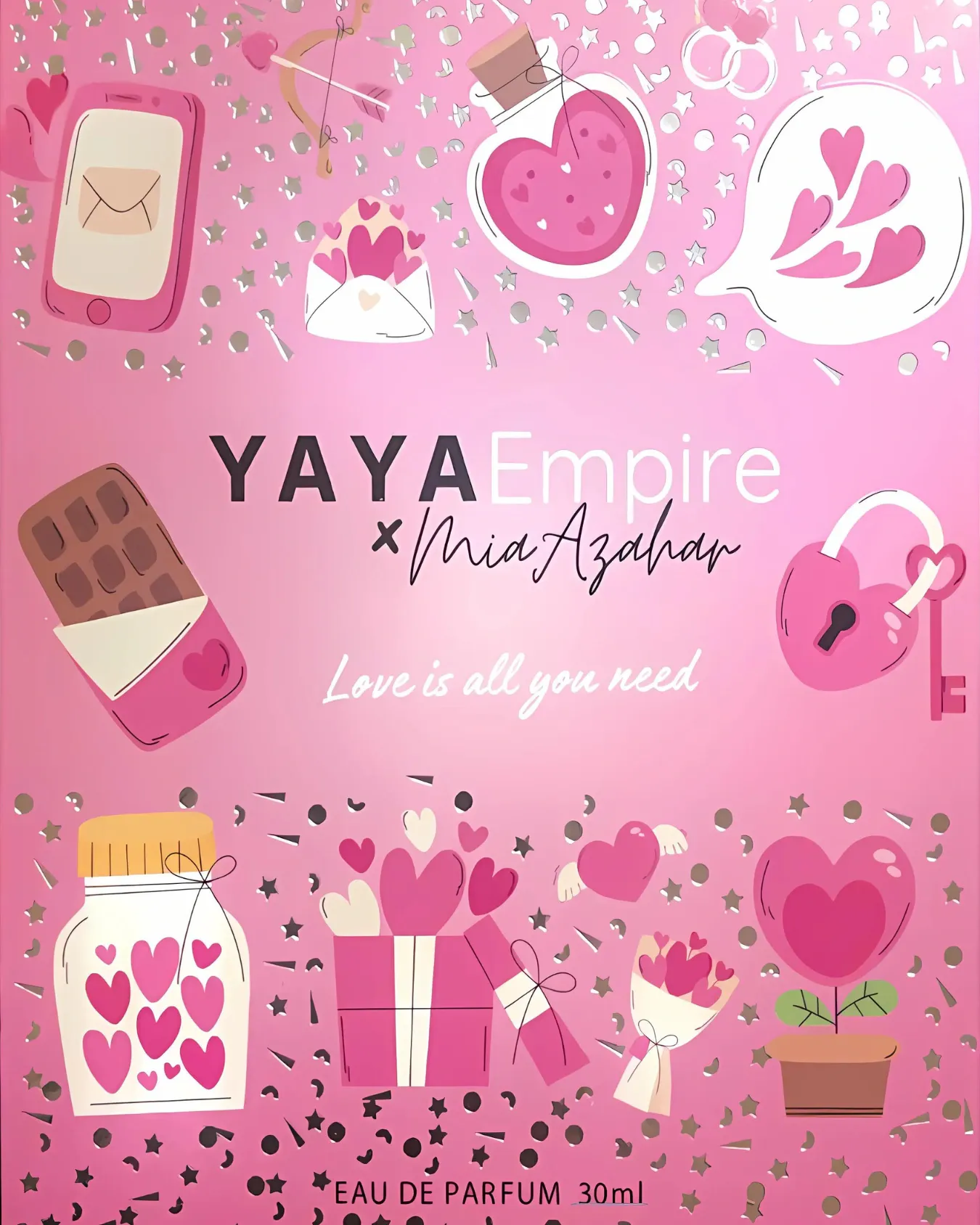 Kotak perfume Yaya Empire x Mia Azahar Saranghaeyo berwarna merah jambu dengan ilustrasi hati dan kotak hadiah